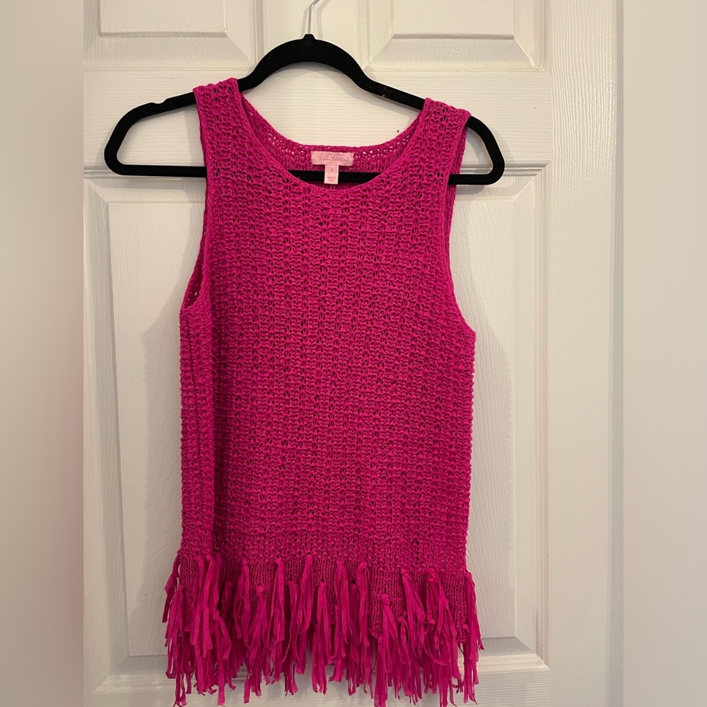 Lilly Pulitzer Lua Sweater Sleeveless Fringe Berry Sangria Pink Women's Small